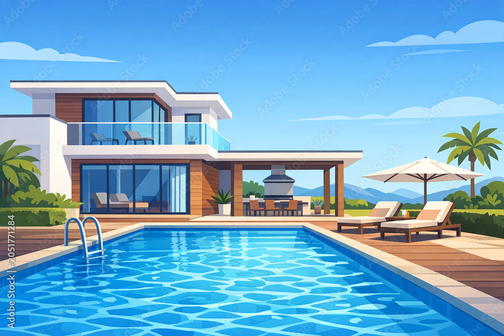 Fototapeta premium Stunning contemporary architecture with infinity pool and panoramic landscape backdrop.