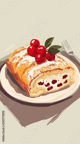 A slice of cake with cherries on top
