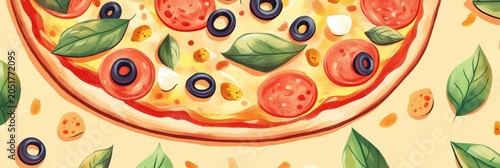 A pizza with olives and basil leaves on top