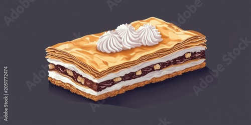 A slice of cake with whipped cream on top