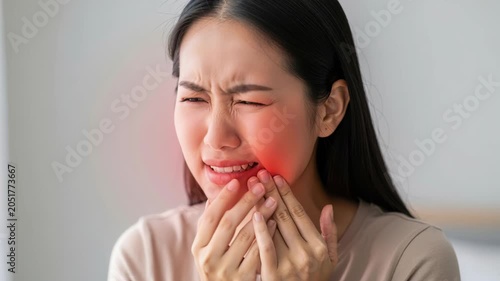 Toothache Agony: A young woman grimaces in pain, clutching her jaw and wincing as a red hue highlights her discomfort, signifying a severe toothache and dental distress.
