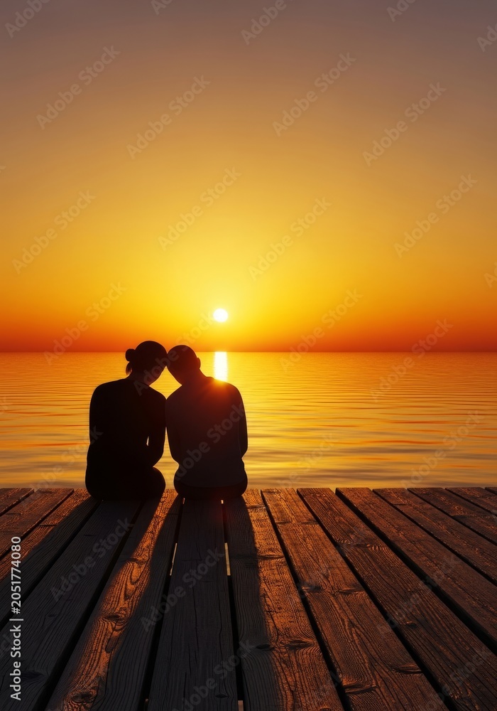 Obraz premium Two silhouettes sit together on a wooden pier, gazing at a vibrant golden sunset over calm water, representing a deep, heartfelt bond, sunset, serenity, dusk