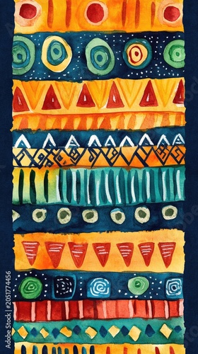 A colorful painting with many different shapes and patterns
