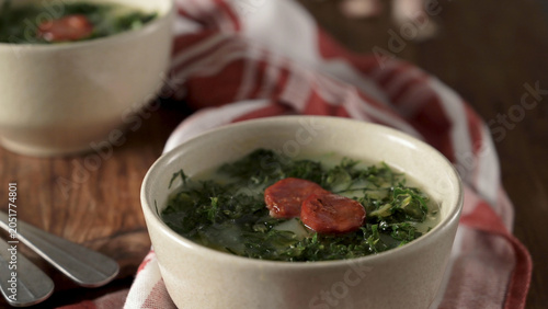 Traditional Portuguese Caldo Verde Soup with Chouriço