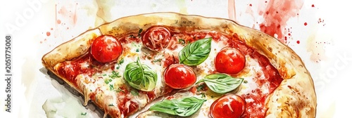 A slice of pizza with tomatoes and basil on top