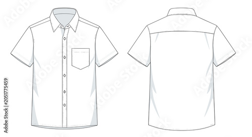 Fashion flat sketch of mens short sleeve button up shirt with pocket shown in front and back views for apparel design and tech pack.