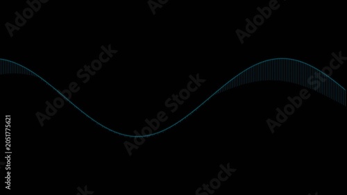 Abstract neon wave line on black, blue glowing curve, vertical bars, futuristic sound equalizer graphic