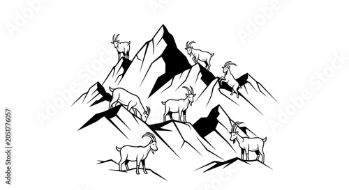 Mountain goats climbing rugged mountain peaks illustration