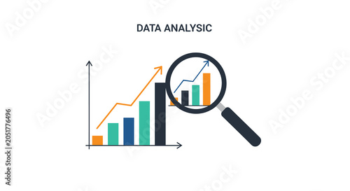 Business data analysis concept showing bar charts with rising arrows and a magnifying glass focusing on growth.