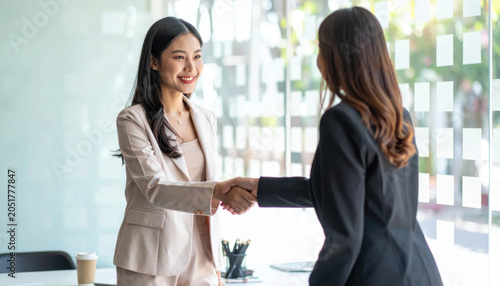 Business handshake business woman office meeting agreement partnership interview success cooperation teamwork Confident business woman handshake bright office meeting, successful partnership