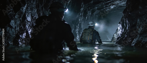 Two men explore a dark water flooded cavern. Adventure tourism and spelunking expedition with headlamps illuminating the cave interior.
