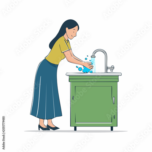 Woman washing hands at a sink with running water