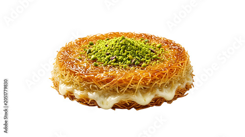 Sweet Turkish kunefe dessert with melted cheese isolated on a transparent background
