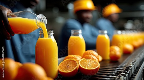 Fresh Orange Juice Bottles Being Filled on Production Line in Factory