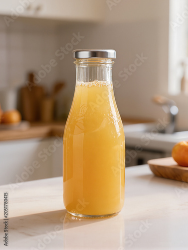 Clear Glass Juice Bottle with Fresh Fruit Drink on Minimal Background