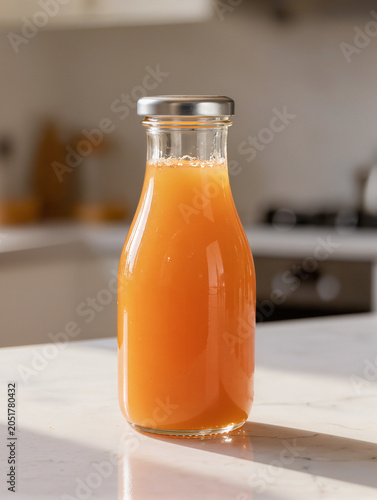 Clear Glass Juice Bottle with Fresh Fruit Drink on Minimal Background