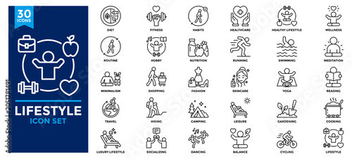 Lifestyle icons collection. health, fitness, nutrition, healthcare, healthy habits, hobbies, travel, leisure, self-care, balance, and everyday life line icons.
