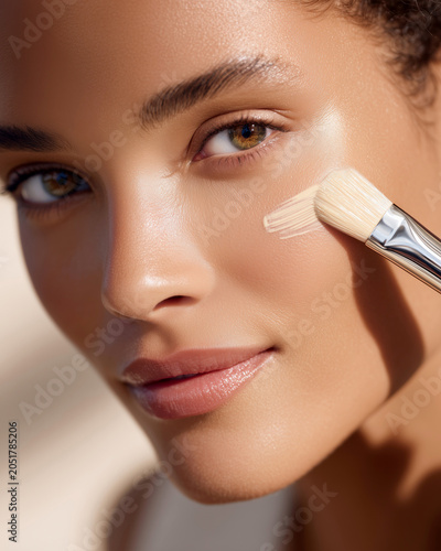 Close up beauty portrait featuring foundation application with makeup brush on smooth facial skin. Ideal for skincare, cosmetics, complexion correction and personal grooming themes