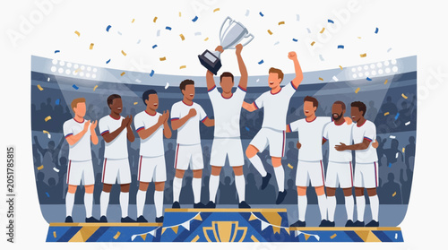 Diverse Soccer Team Celebrates Victory Holding Trophy on Podium with Confetti and Crowd in Stadium