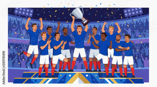 Soccer team celebrating victory holding trophy with confetti falling in stadium full of cheering fans