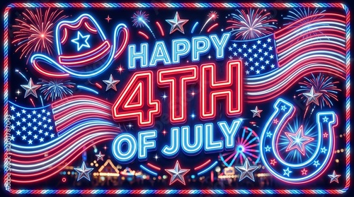 Happy 4th Of July Neon Cowboy Hat Horseshoe Banner