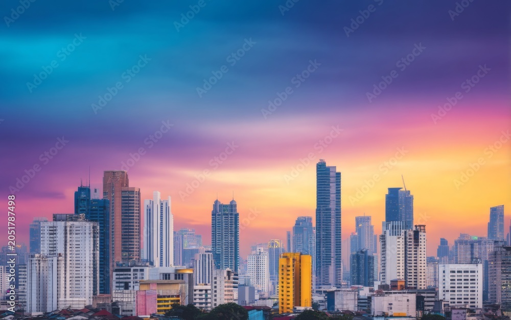 Fototapeta premium Vibrant Urban Cityscape at Dusk with Modern Skyscrapers and Colorful Sky in the Background