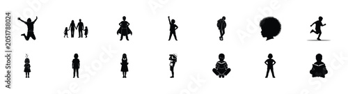 A collection of black human silhouette icons representing various poses and activities, set against a white background.
