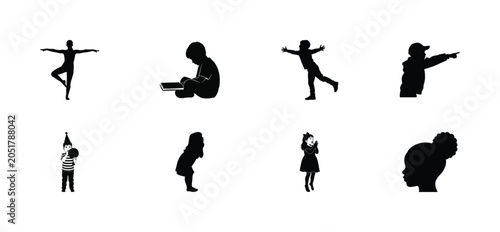 Silhouettes of children engaged in various activities, including dancing, reading, and playing.