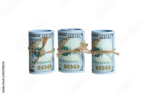 Photos US Dollar Banknotes Tied With Rope Isolated on White Background