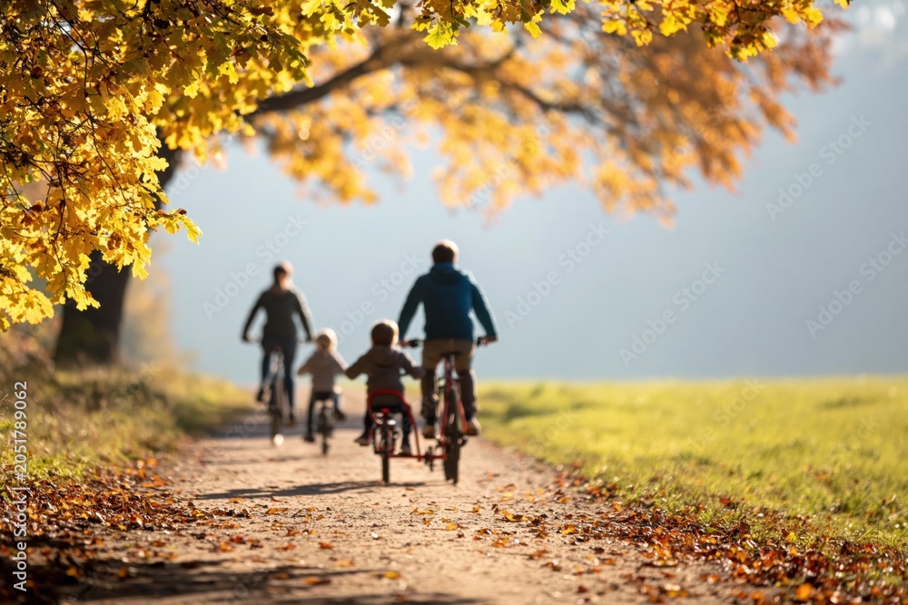 Fototapeta premium Family cycling on autumn path with golden light and colorful trees