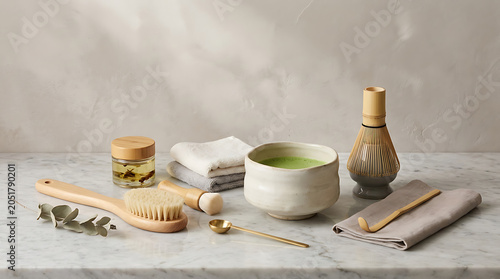 Natural skincare and spa products arranged on a marble surface