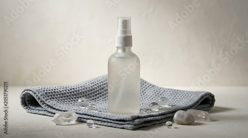 Clear plastic bottle of liquid soap or lotion on a stack of fabr