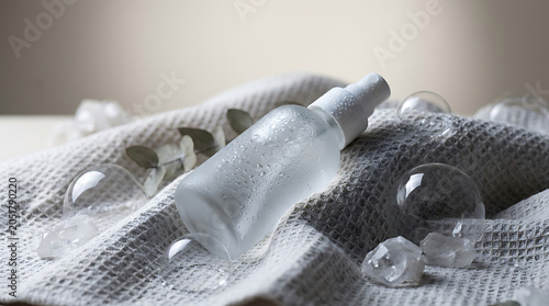 Clear liquid soap bottle on white fabric texture