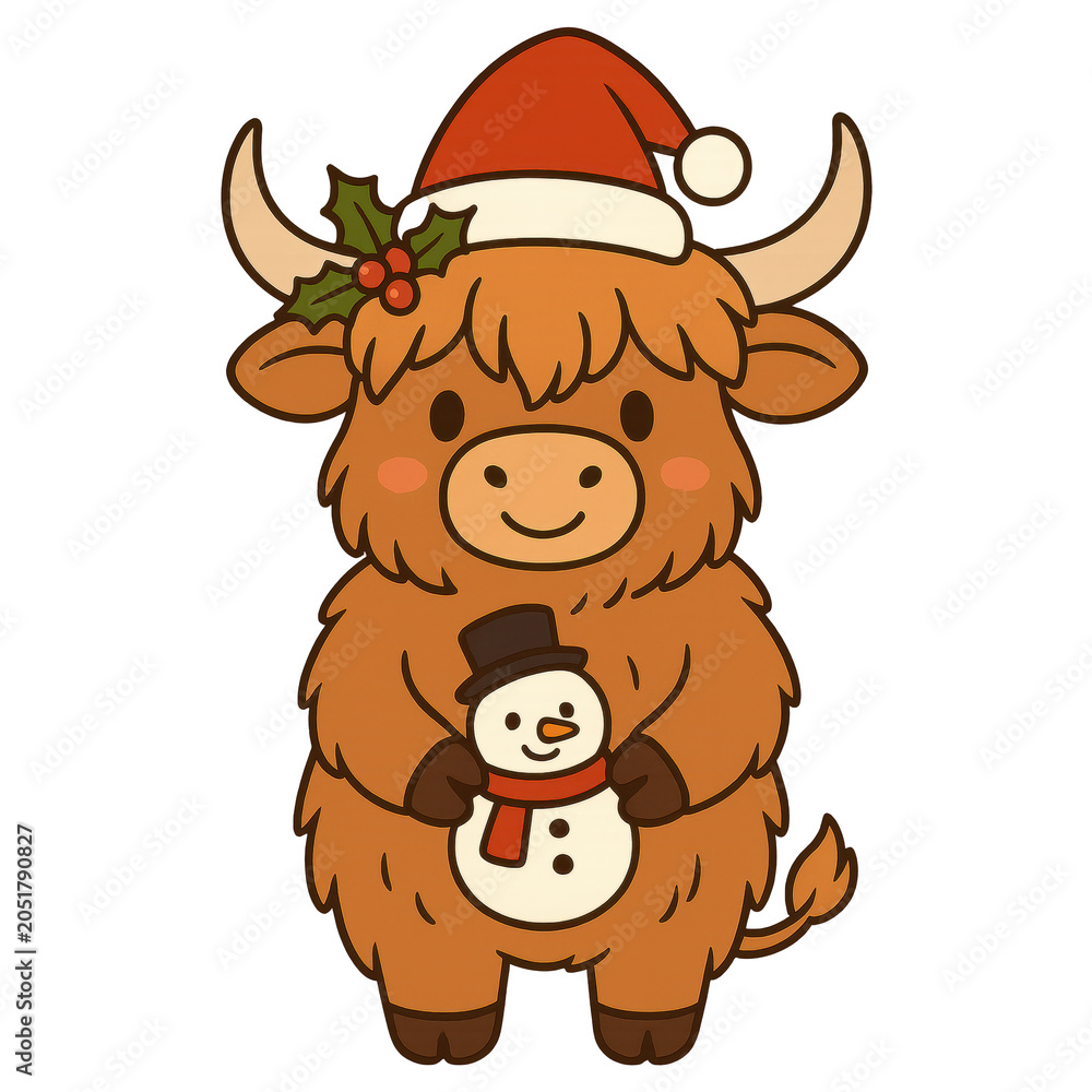 Obraz premium Highland Cow with Snowman: A charming Highland cow, adorned with a festive Santa hat and holly, holds a small snowman friend, ready for holiday cheer.