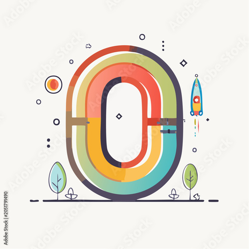 Stylized Letter O with Rocket and Trees