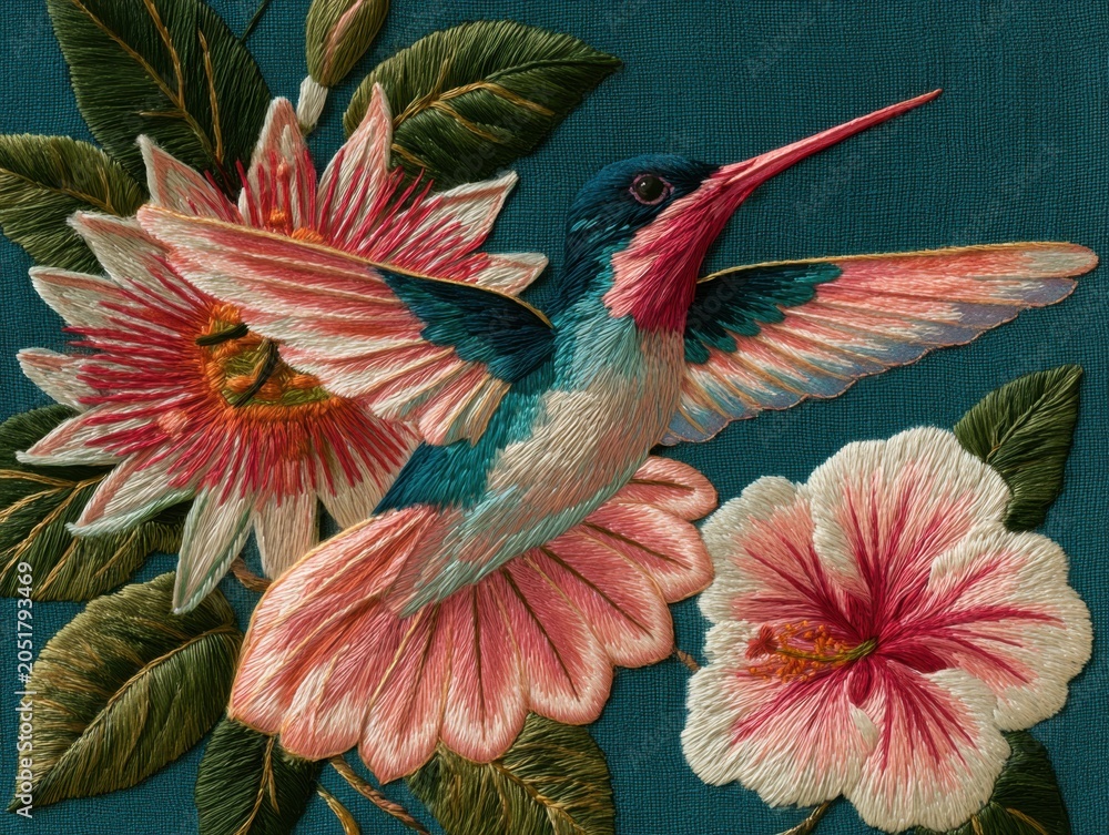 Fototapeta premium Colorful Bird and Tropical Flowers in Embroidered Needlework Art