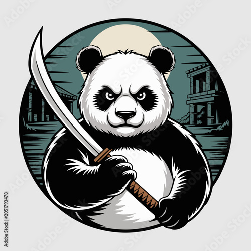 Foto Illustration of a panda holding a samurai sword.