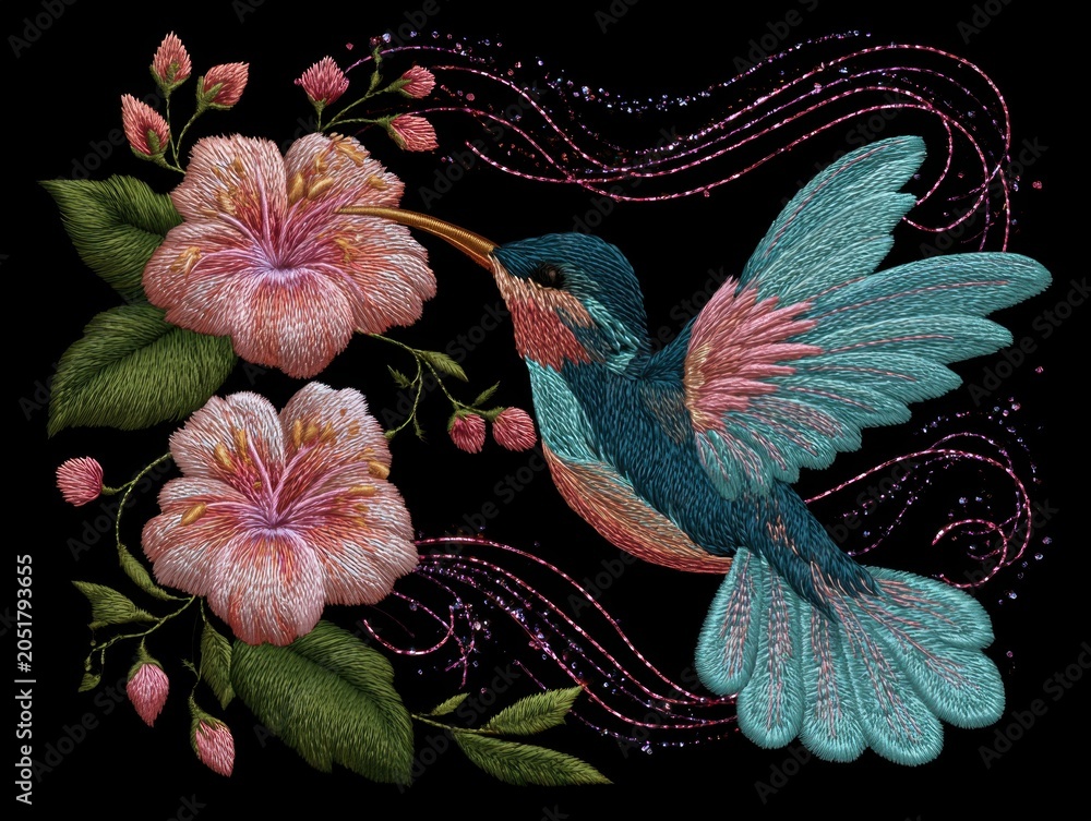 Fototapeta premium Embroidered Hummingbird Feed From Bloom on Black Background Design