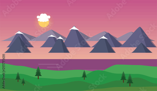 Pink Sky Mountain Scenery with Sun Flat Design Background