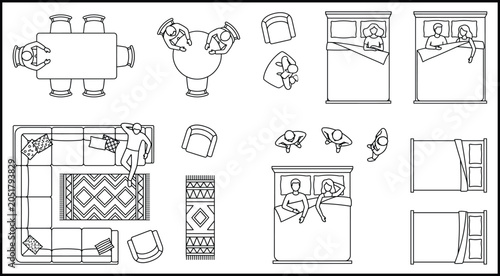 Architecture Floor Plan Furniture Icon Set with Top View Bed Sofa and People Line Art Vectors