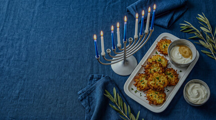 Hanukkah festive table setting with traditional potato latkes and lit silver menorah on blue background, flat lay composition