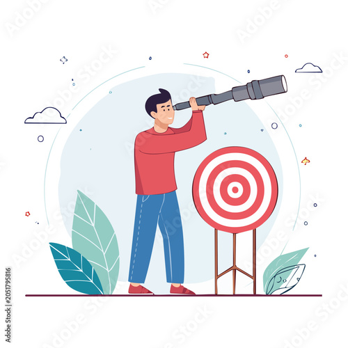 Man looking through telescope at target