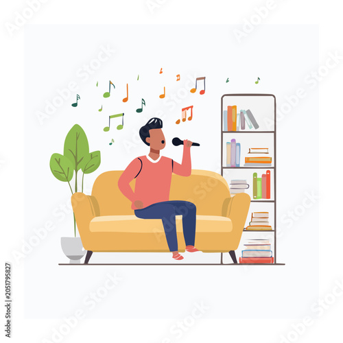 Man singing on couch with microphone and bookshelf
