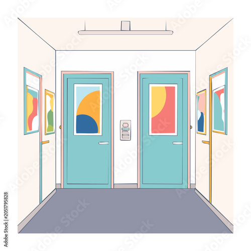Modern hallway with two doors and abstract art