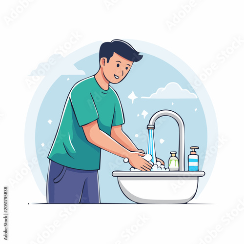 Man washing hands with soap and water in sink