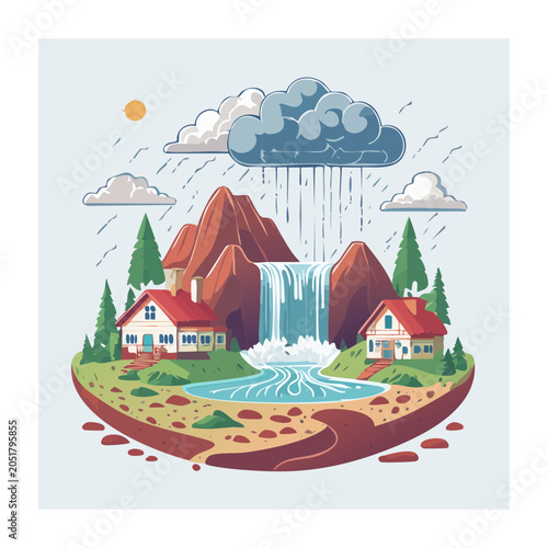 Mountain waterfall village with houses under rain and sun