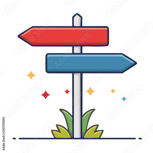 Red and blue signpost with grass and stars
