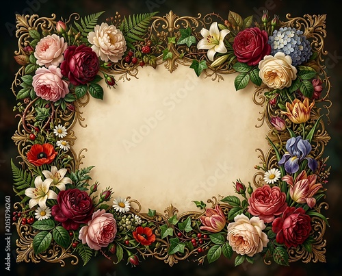Ornate Vintage Gold Frame with Lush Floral Border on Antique Parchment