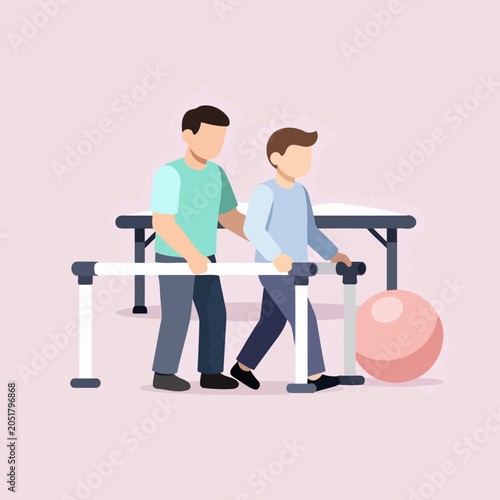 Foto Therapist assists patient walking with parallel bars and exercise ball