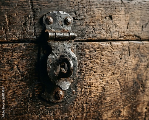 Vintage hand-forged metal latch on an antique wooden storage chest
